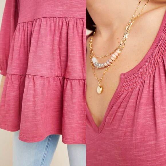 Anthropologie Maeve Isola Tiered Babydoll Top Rose‎ Pink Size XS Ruffle Bohemian - Picture 2 of 8